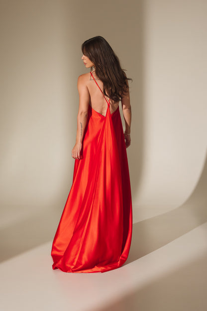 Rochie Elena maxi din satin (rosie)