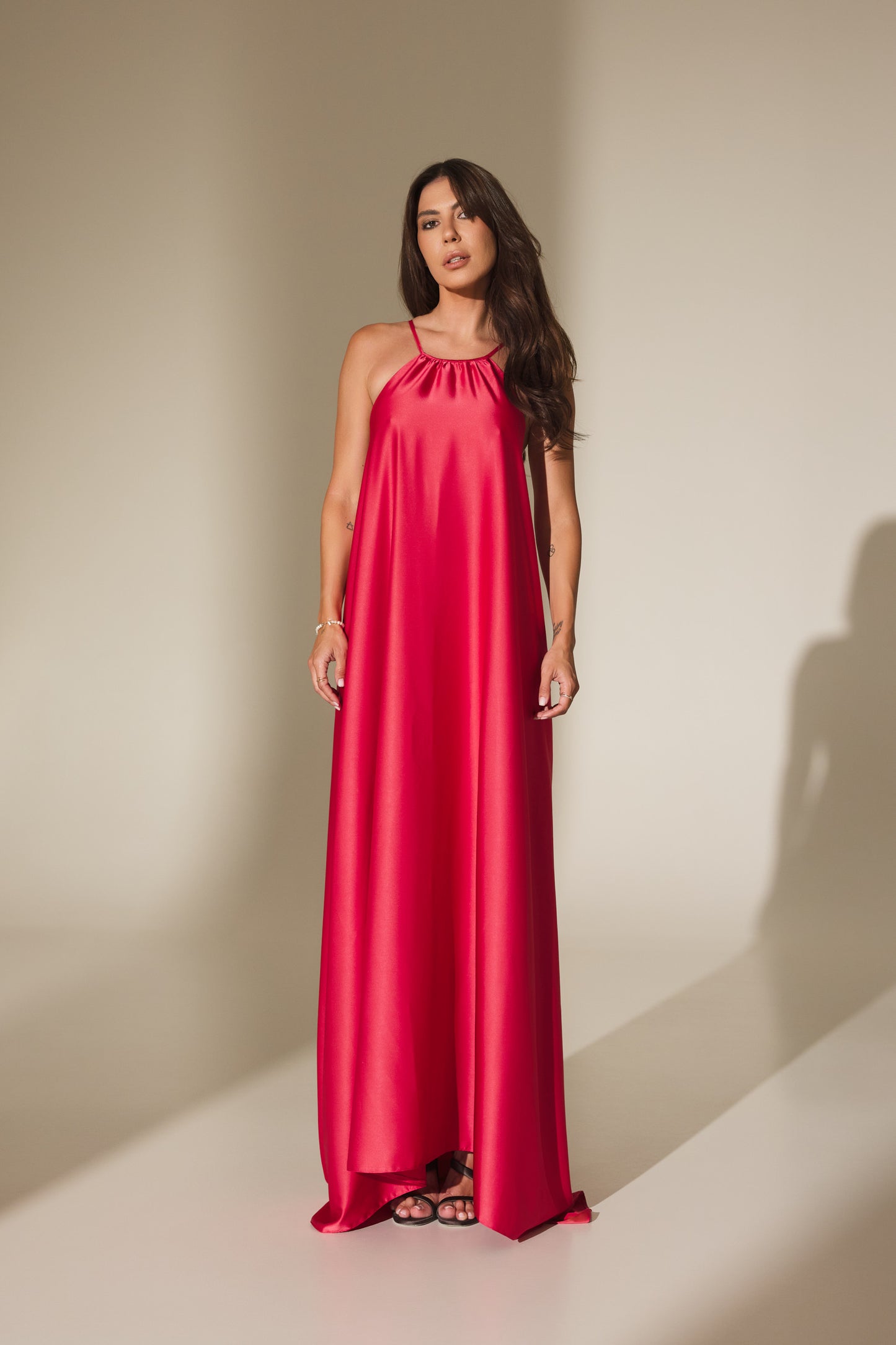 Rochie Elena maxi din satin (fucsia)