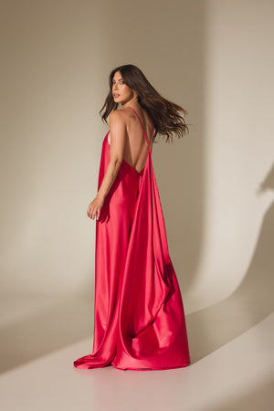 Rochie Elena maxi din satin (fucsia)