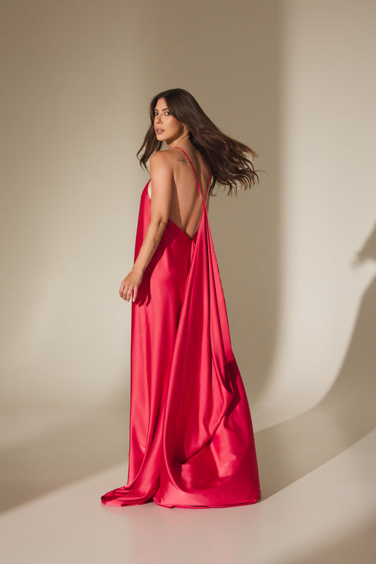 Rochie Elena maxi din satin (fucsia)