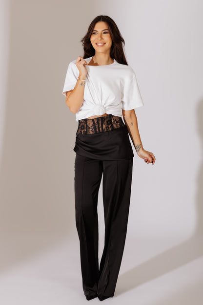 Pantaloni tuxedo din satin cu dantela