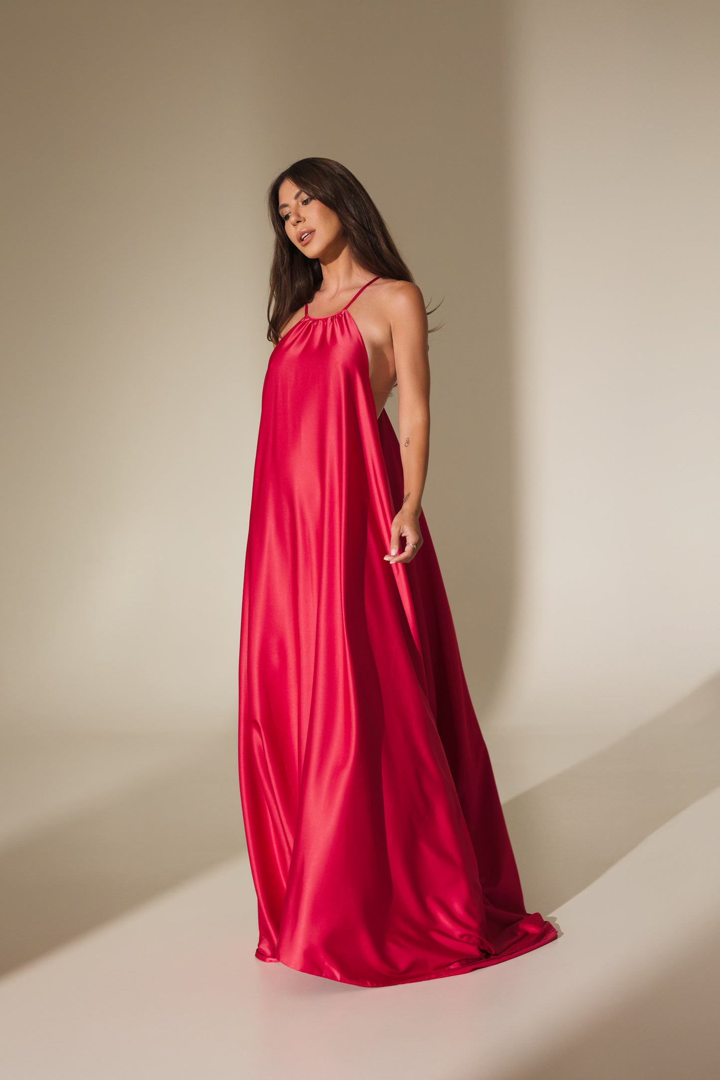Rochie Elena maxi din satin (fucsia)